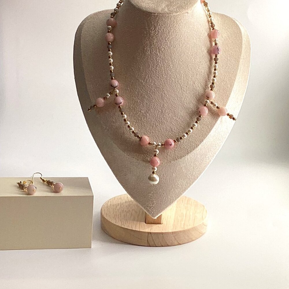 Natural Crackle Agate Set - Necklace & Earrings with Gold Hematite & White Pearl